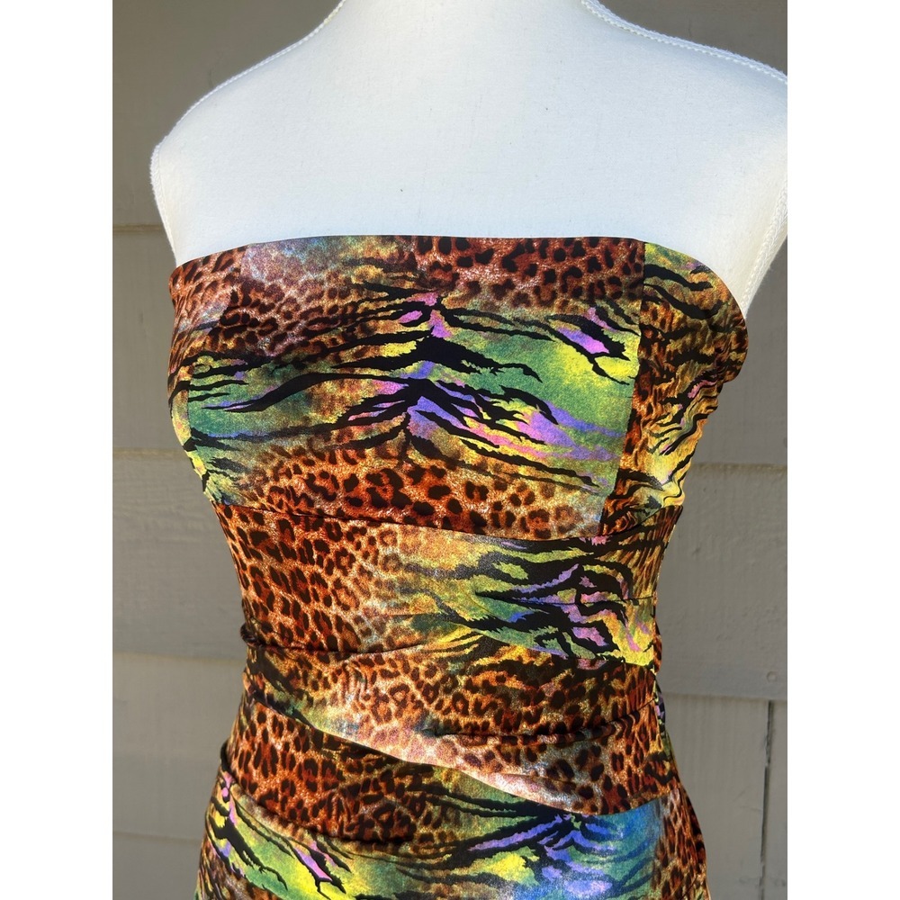 Vtg XXI Forever 21 Y2K Neon Rainbow Cheetah Leopard Ruched Strapless Dress M - Picture 3 of 7